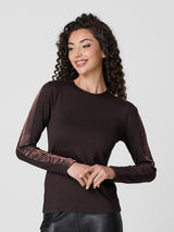 Jadea 4859 maglia donna girocollo viscosa tinta unita e fascia laminata caffe 
