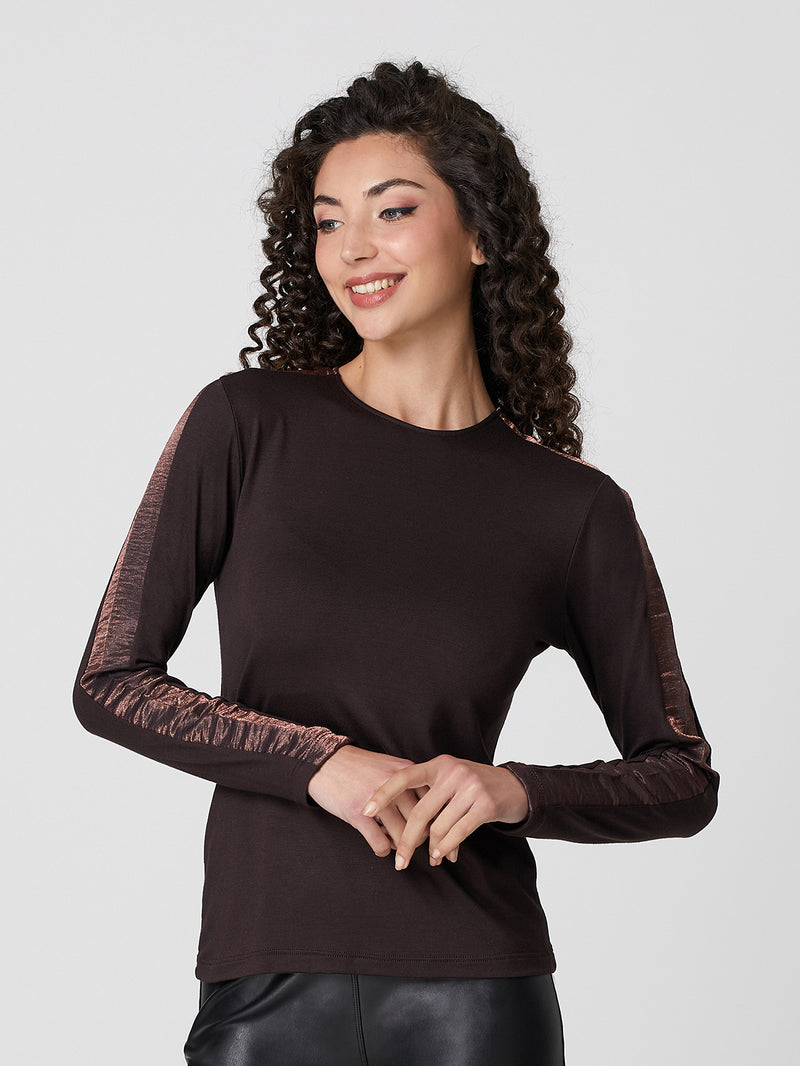 Jadea 4859 maglia donna girocollo viscosa tinta unita e fascia laminata caffe 
