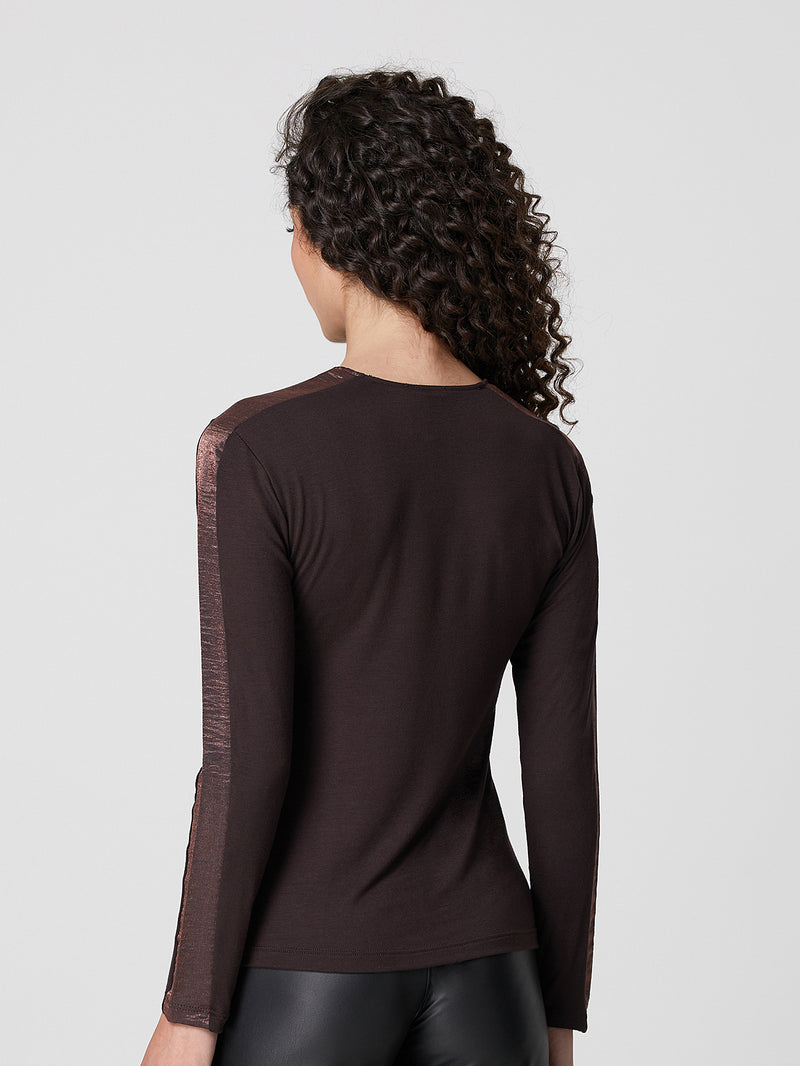 Jadea 4859 maglia donna girocollo viscosa tinta unita e fascia laminata caffe 
