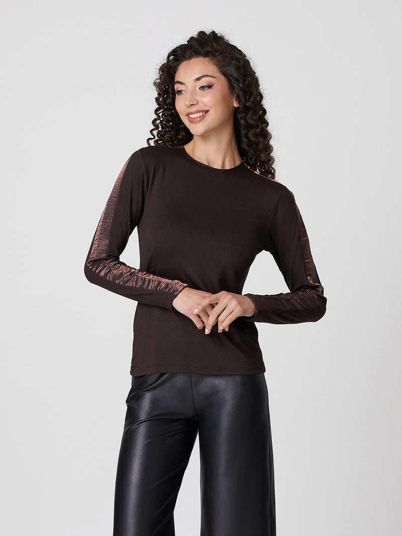 Jadea 4859 maglia donna girocollo viscosa tinta unita e fascia laminata caffe 

