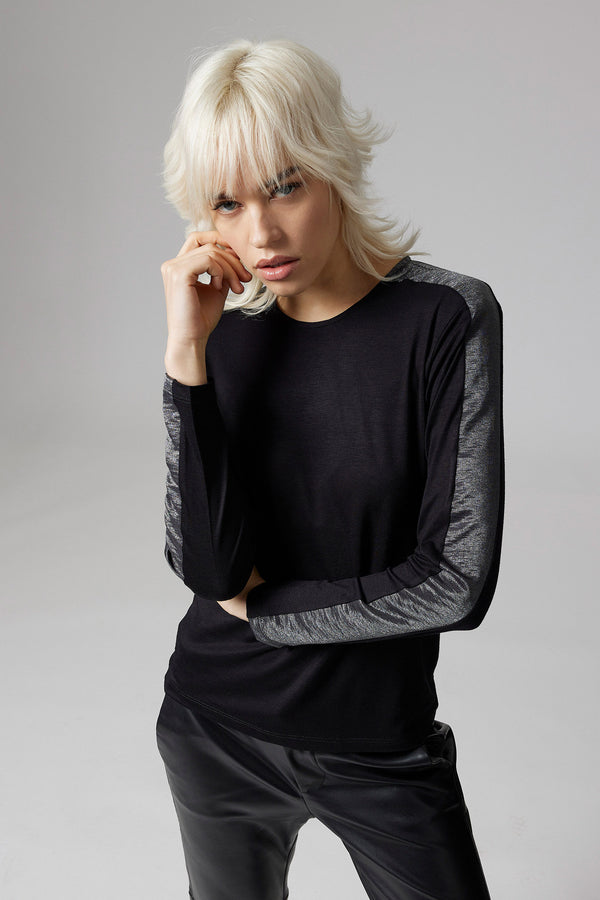 Jadea 4859 maglia donna girocollo viscosa tinta unita e fascia laminata nero