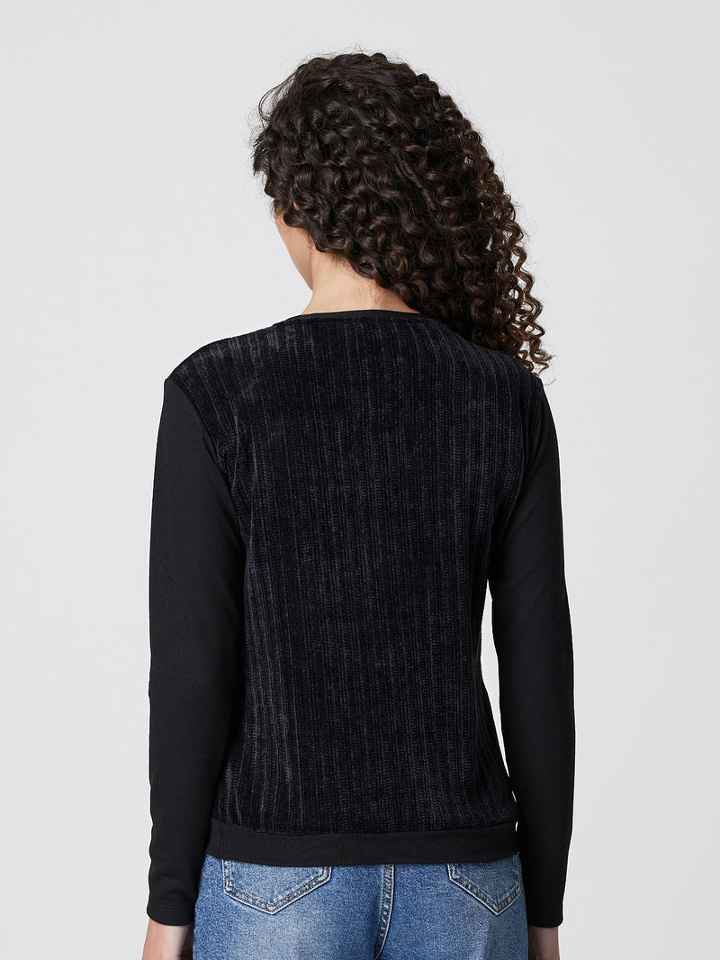 Jadea 4860 maglia donna girocollo in ciniglia e tessuto liscio nero 
