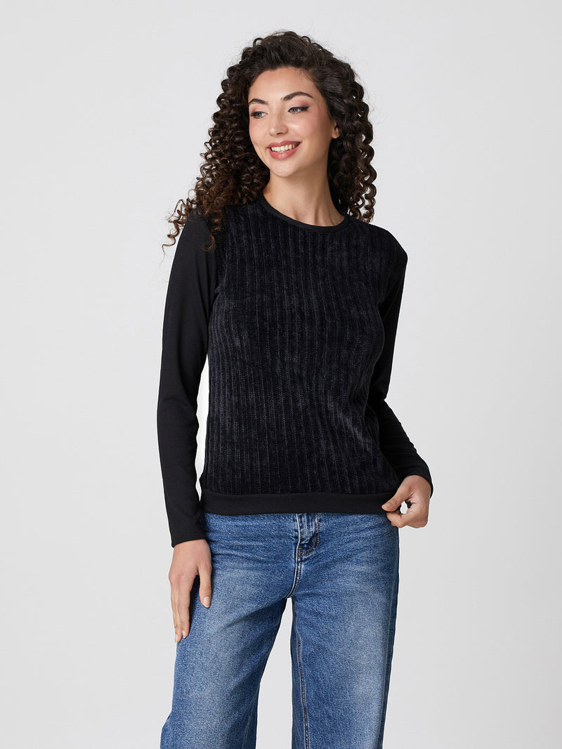 Jadea 4860 maglia donna girocollo in ciniglia e tessuto liscio nero 
