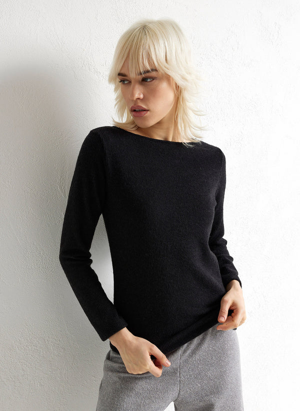 Jadea 4865 maglia donna scollo a barca tessuto a costine nero
