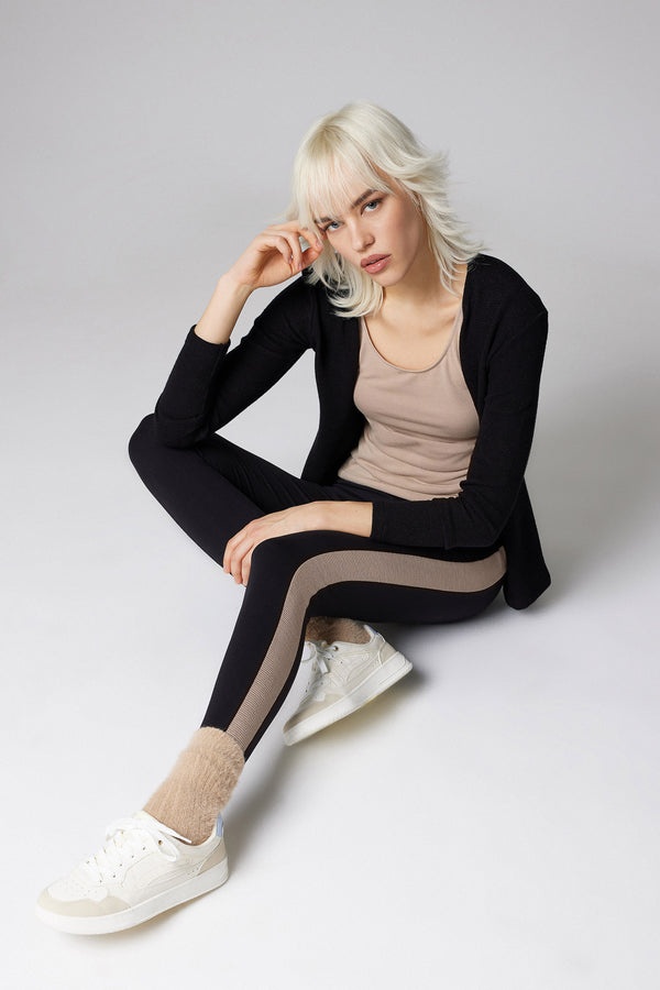 Jadea 4870 leggings in cotone e fascia laterale in maglia a coste nero/beige
