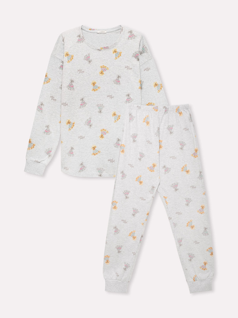 Jadea 5245 pigiama lungo cotone jersey a fantasia grigio melange serie Aurora 
