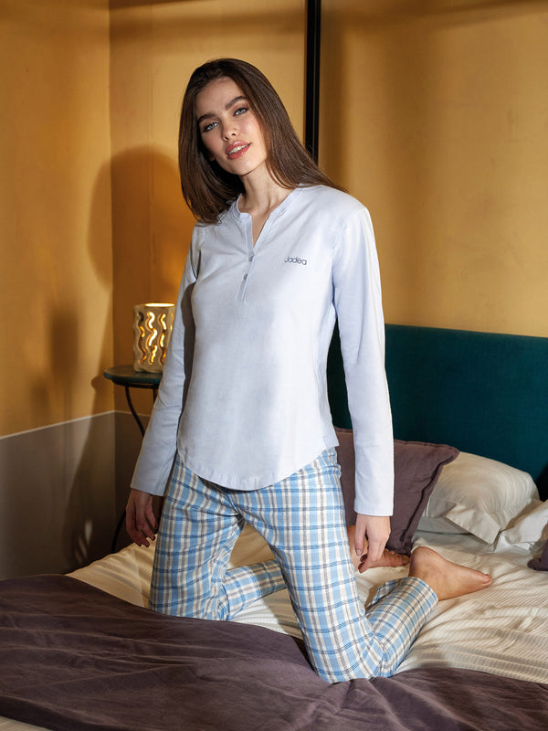 Jadea 5251 pigiama lungo jersey e flanella scozzese fiordaliso serie Nettuno 
