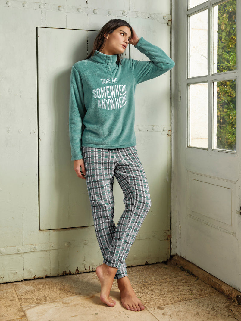 Jadea 5252 pigiama lungo Coral Fleece scozzese salvia serie Nettuno 
