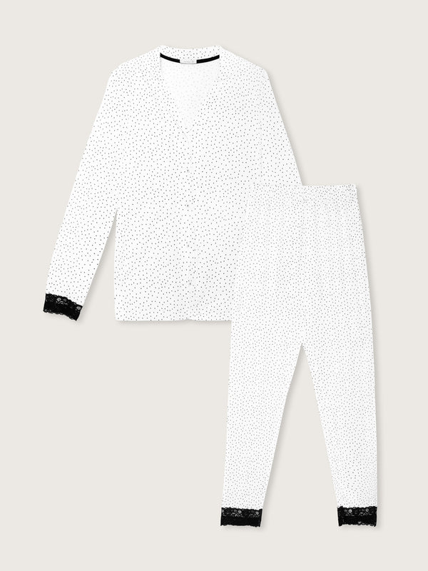 Jadea 5256 pigiama lungo in jersey modal e pizzo panna a pois serie Venere 
