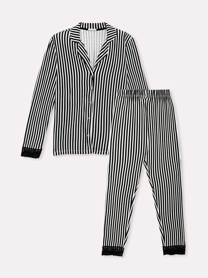 Jadea 5256 pigiama lungo in jersey modal e pizzo a righe serie Venere 
